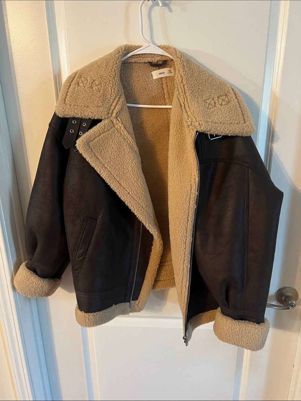 Bershka Dark Brown Faux Leather Aviator Jacket with Tan Sherpa